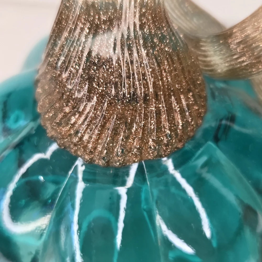 Glitzhome Teal Turquoise Hand Blown Crackle Glass And Glitter Pumpkin Fall Decor